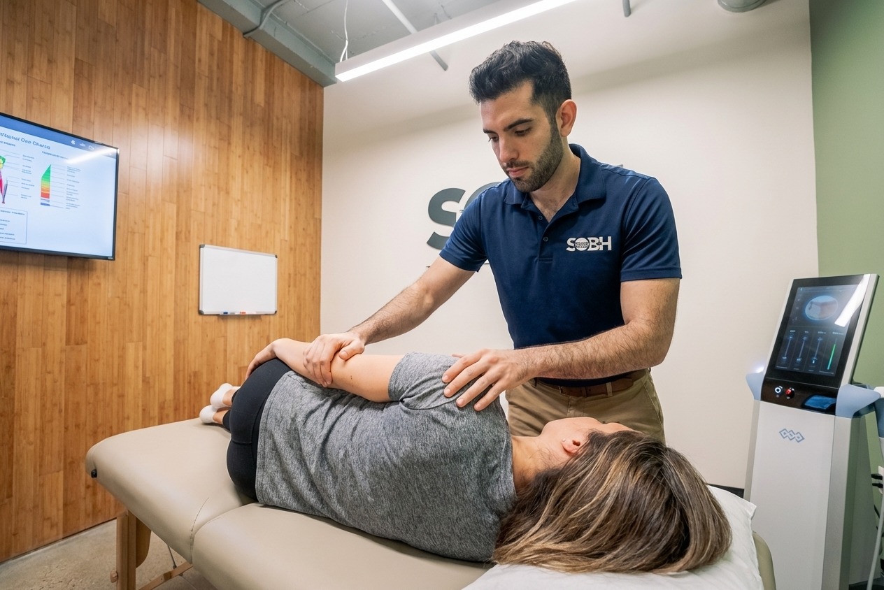 Patient receiving manual therapy treatment at a sports medicine clinic in Los Angeles